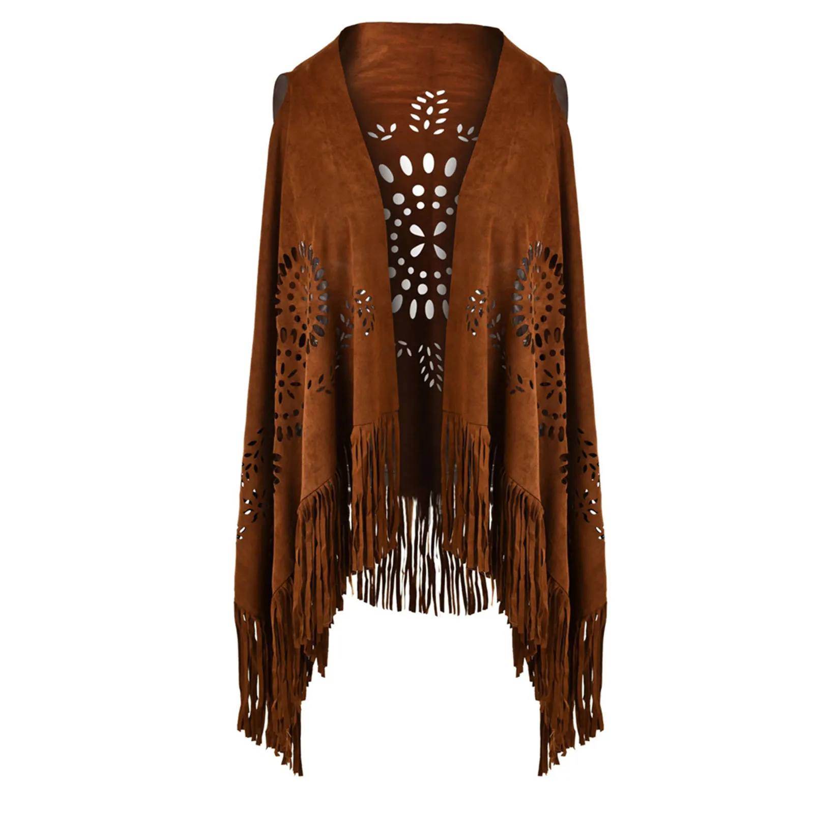 Suede Tassel Wrap Shawl Women Fashion Retro Fringe Hollowed Cloak Cape for Casual Party Dress Rock Photography Jacket Waistcoat