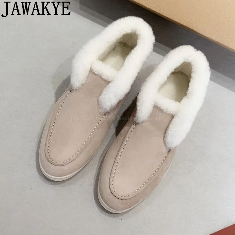 JAWAKYE Hot Sale Open Suede Flat Boots Women Nude Round Toe Wool Collar Designer Short Boots Winter Classical Famous Brand Boots