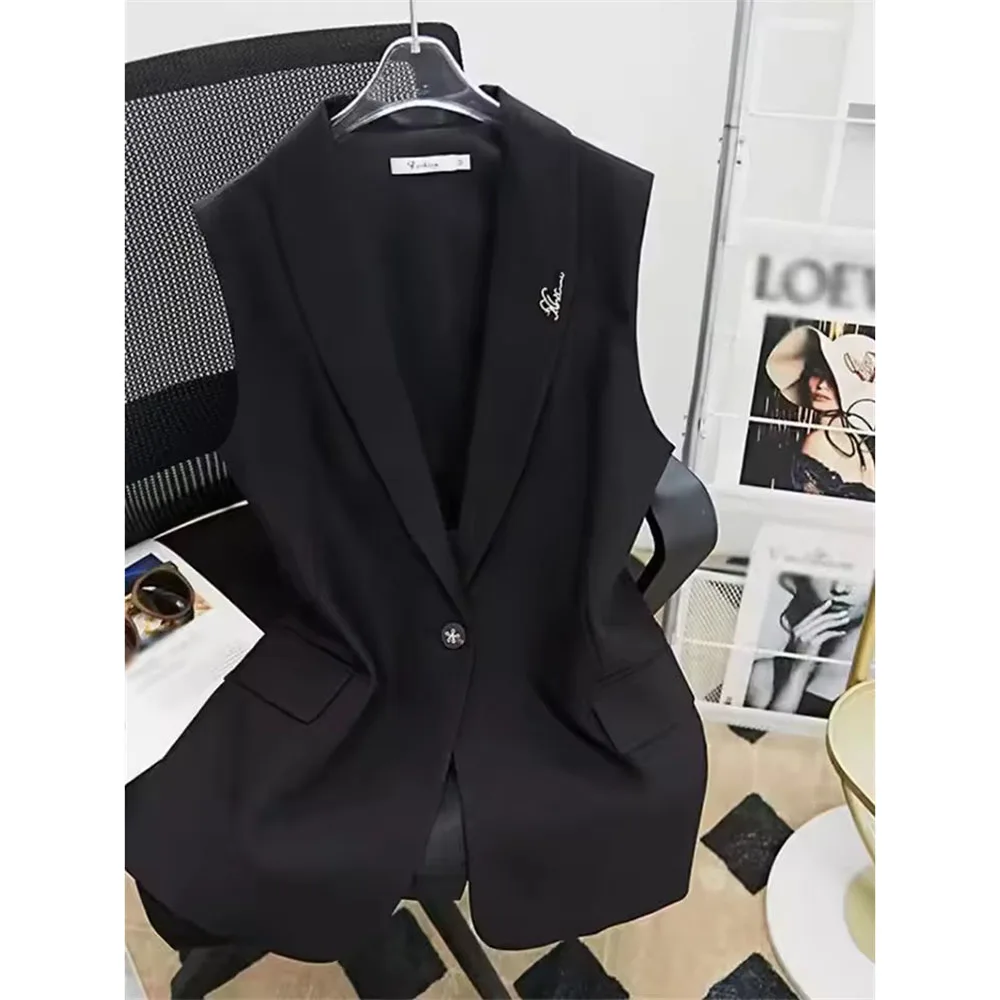 

2024 Spring Autumn Black Suit Vest Women Slim One Button Waistcoat Jacket British Style Office Lady Tank Blazer Coat Ladies