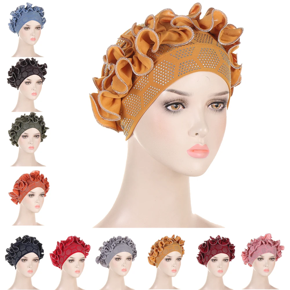 

Auto Gele African Headtie Bonnet Hat Turban Women Muslim Head Wrap Scarf Shimmer Diamonds Flower Hijab Aso Oke Inner Hijab Cap