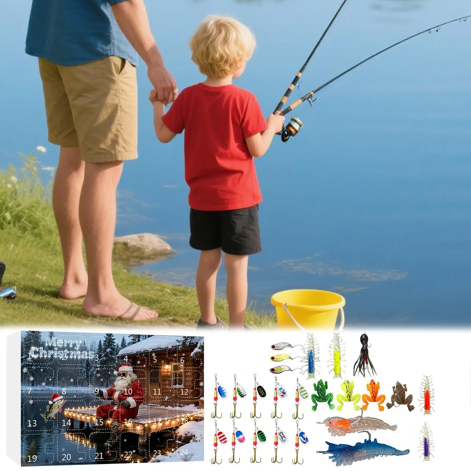 

24-дневные рождественские рыболовные приманки с обратным отсчетом на Рождество, набор рыболовных приманок для папы, парня, подростков, мужчин, рыбаков, рек