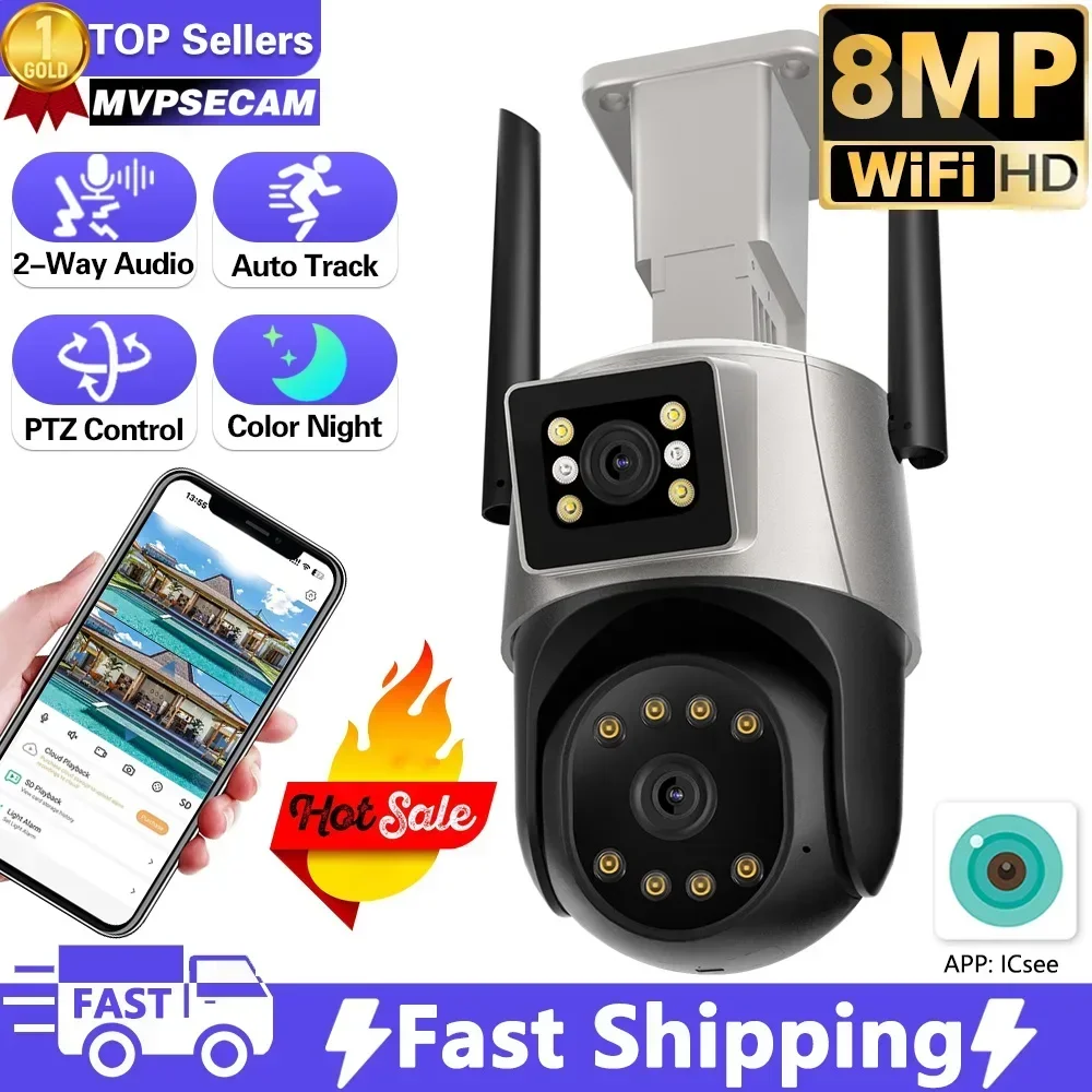 

8MP 4K HD Dual Lens Wifi Camera IP66 Security Protection 4MP Wireless Outdoor Human Detection Video Surveillance PTZ ICSee