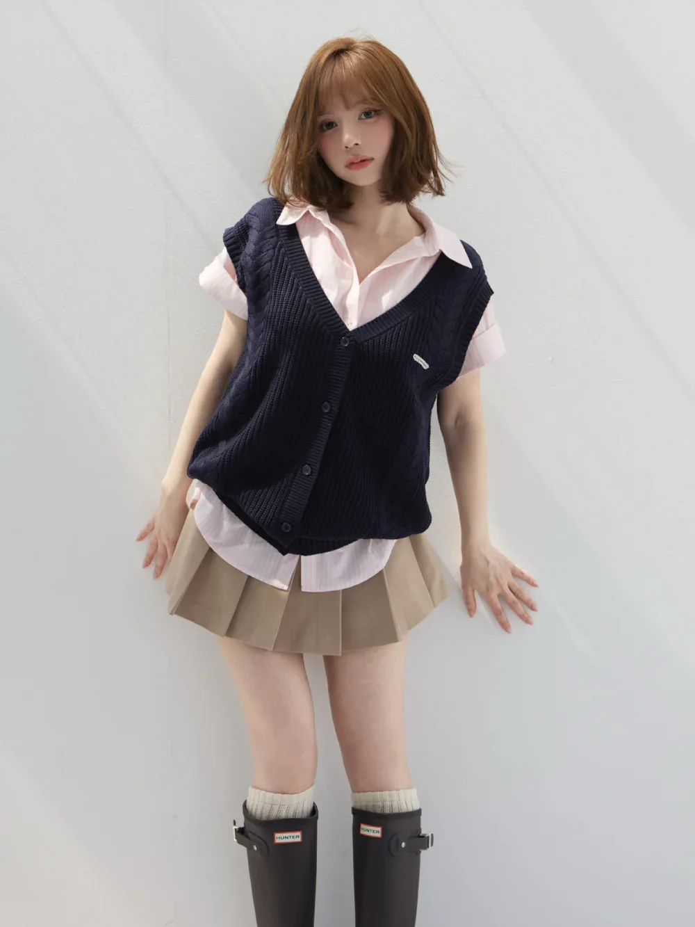 Women 3Pcs Preppy Outfit V Neck Cable Knit Vest + Short Sleeve Shirt + High Waist Pleated Mini Skirt Suit
