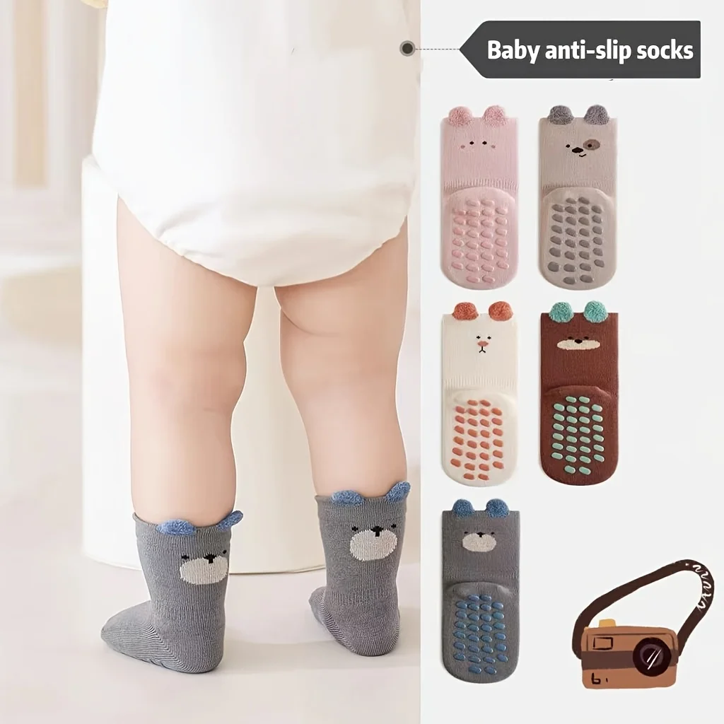 5 pairs of boys and girls' anti slip socks with cute cartoon animal patterns, comfortable and breathable baby floor socks