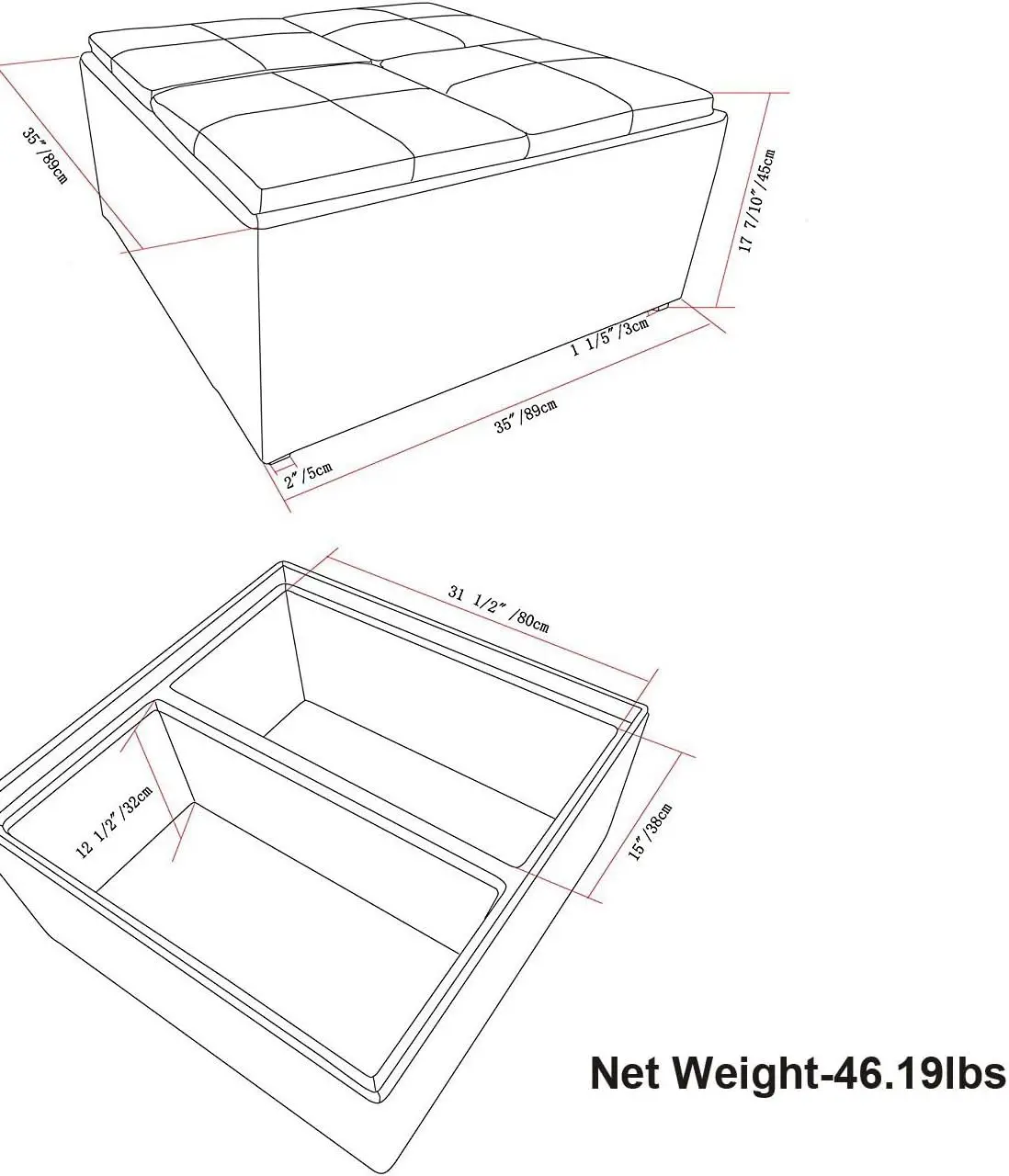 35 inch Wide Contemporary Square Coffee Table Storage  for the Living Room and Bedroom