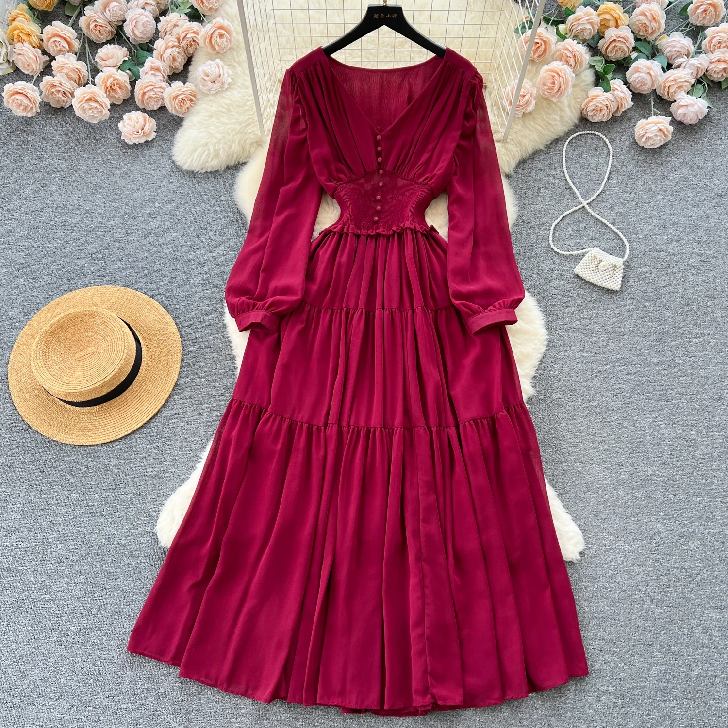 Retro Elegant V-Neck Long Sleeve Dress High Waist Slim A-line Chiffon Robe Skinny Temperament Sweet French Pleated Vestidos