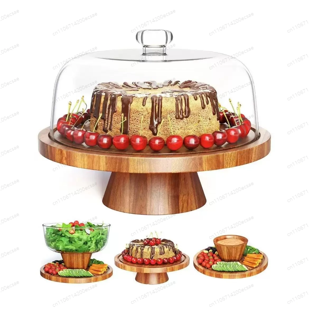 Acacia Wood Tall Cake Stand | Round Display Plate with Transparent Cover for Desserts & Snacks, Desktop Decor