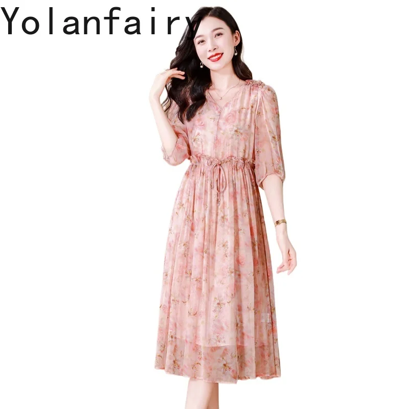 

YOLANFAIRY 100% Real Mulberry Silk Dresses Summer 2026 Women's Clothes Fashion V-neck Floral Dress Woman Elegant Pink Dress