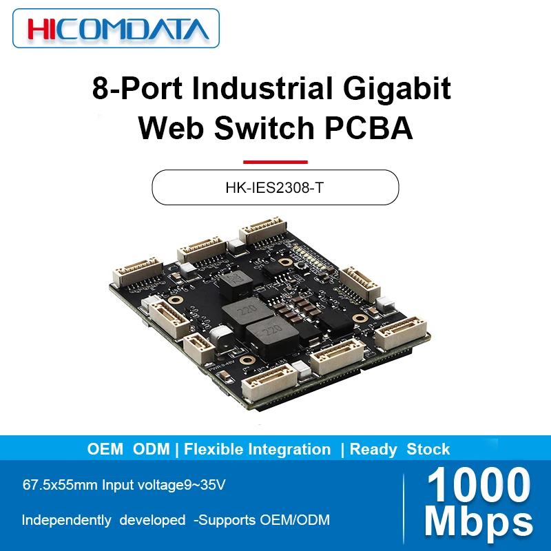 

Hicomdata Industrial 8-port Gigabit Management VLAN Switch Module PCBA Board Supports Port Mirroring/Isolation/QoS