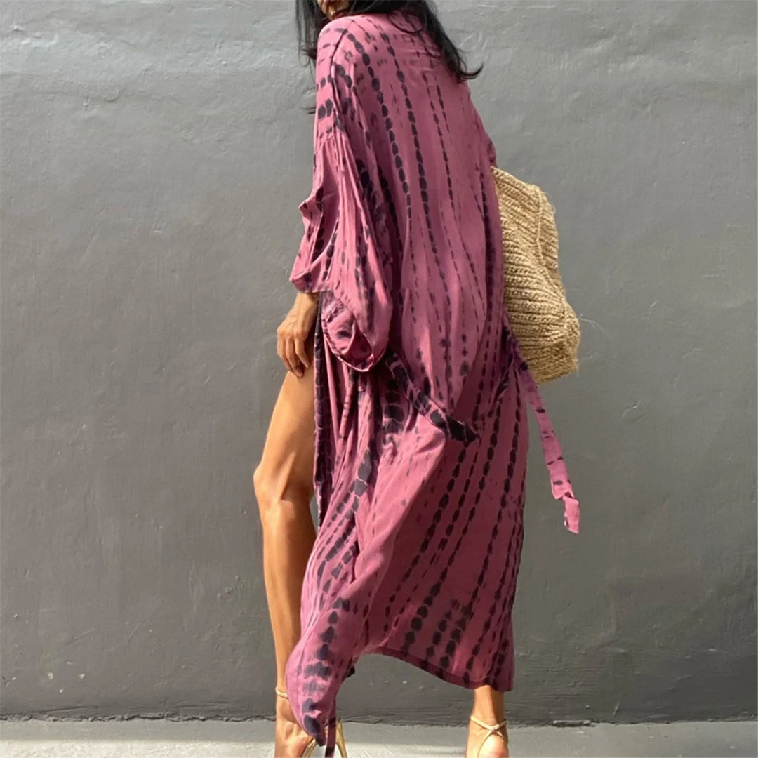 Neues, bedrucktes Langarm-Tunika-Strandkleid mit Gürtel in 10 Farben, Strandkleid, Strandmode, Damen V4521 – Detail 36