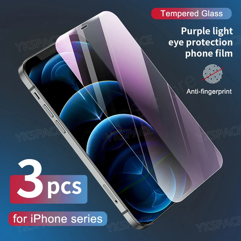 3Pcs Anti Blue Ray 9H Tempered Glass For iPhone 16 15 14 13 12 mini 11 Pro XR X Xs Max 6 6s 7 8 Plus Screen Protector Protective