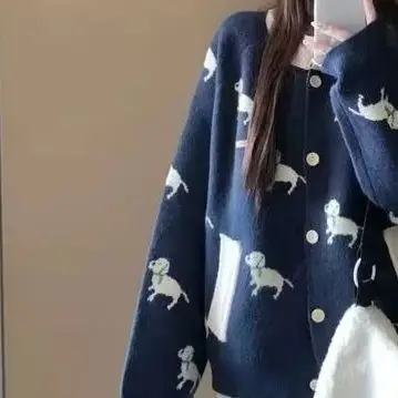 

Ezgaga вязаный кардиган женский с круглым вырезом с рисунком собаки осень-зима свободная милая верхняя одежда свитер женский винтажный женский повседневный