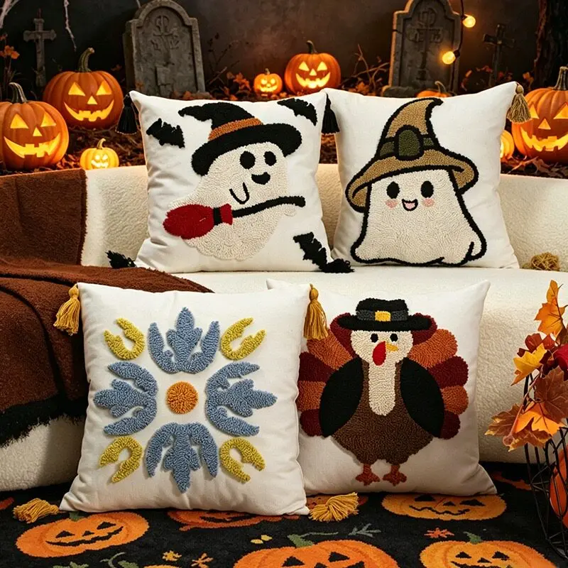 Cute Halloween Tassel Embroidered Throw Pillow Cushion for Sofa Living Room Home Decor Festive Gift Idea