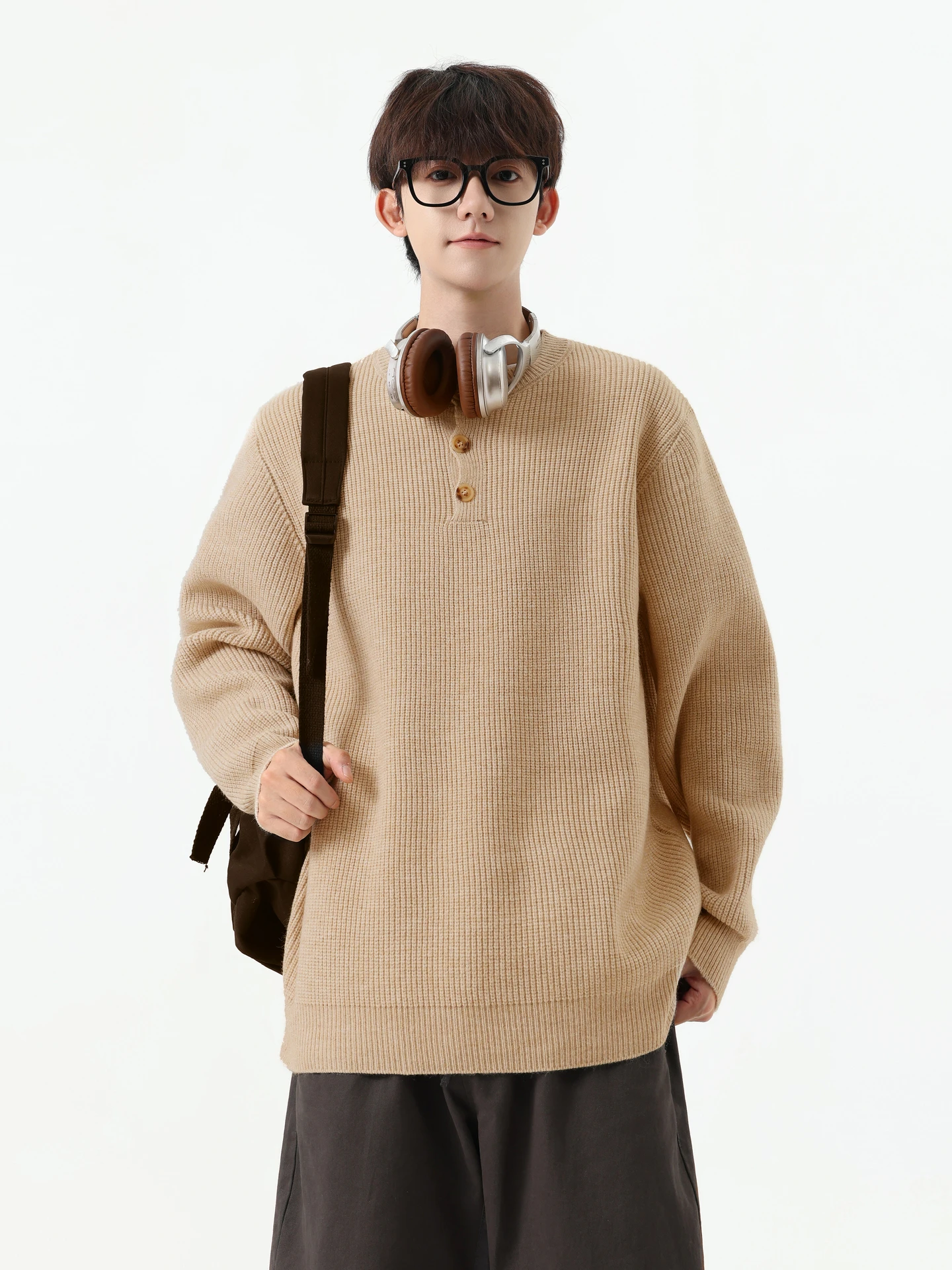 

Casual Loose ex Henry Collar Knitted Sweater Color Base Layer Top for Spring Youth Polyester Fiber Warmth