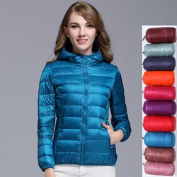 Chaqueta de plumón ultraligera para mujer, parka de manga larga con capucha, color blanco, 90%