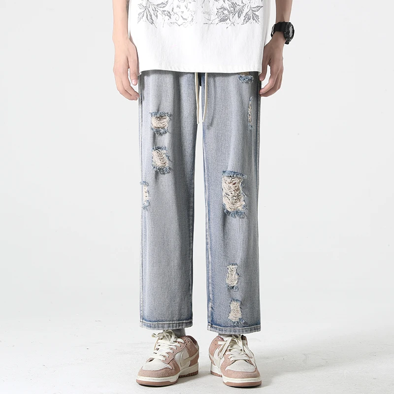 Fashion Elastic Lace Up Washed Hole Straight Jeans Men's Clothing 2024 Spring Summer New Loose Casual High Waist Cropped Pants