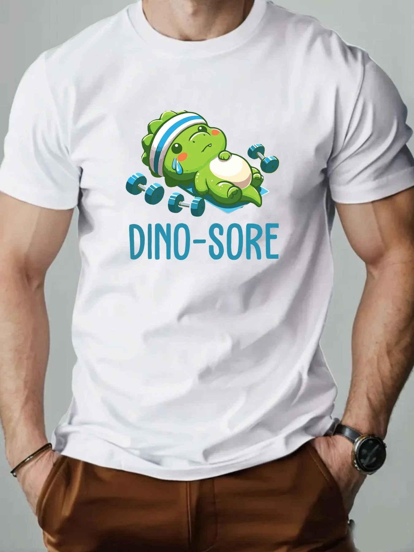 

‌Men 100% Cotton Oversized T-Shirt O-Neck Dino-Sore Lying Flat Print Casual Loose Fit Summer Tee Top for Man Gym Clothes