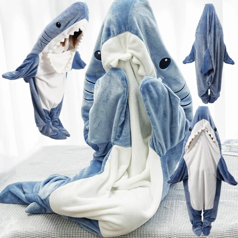 New Cartoon Blue Gray Shark Blanket Sleeping Bag Pajamas Halloween Sleeping Suit Child Adult Plush Hoodie Fish Cosplay Costume