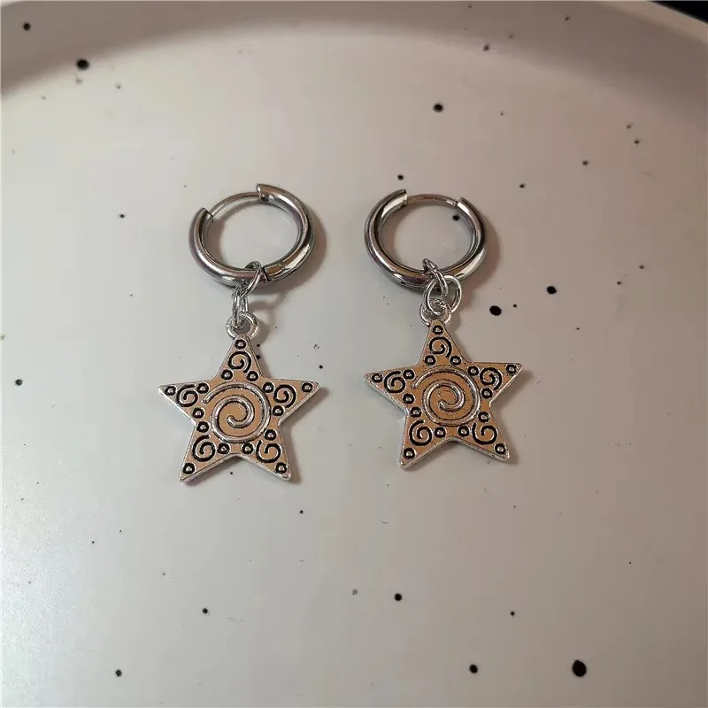 Stainless Steel Spiral Vortex Star Hollow Thorns Love Heart Pendant Hoop Earrings For Women Men Fashion Cool Punk Rock Jewelry