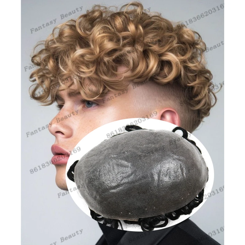 26mm Curly Human Hair Natural Hairline 0.06mm Full Vlopped Men Toupee Brown Blonde 60R Undetectable Hair Prosthesis Capillary