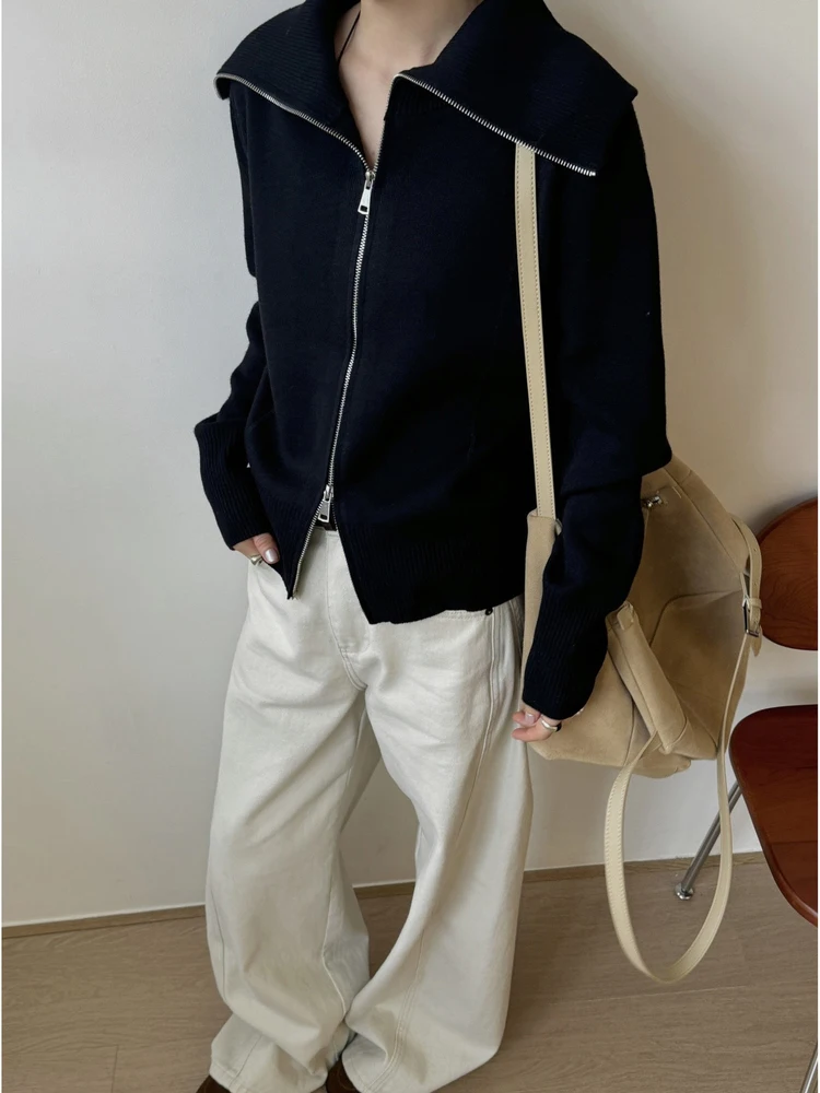 

Вязаный кардиган женский, приталенный, с двойной молнией, с большим воротником, для поездок на работу, с длинным светом, модный топ