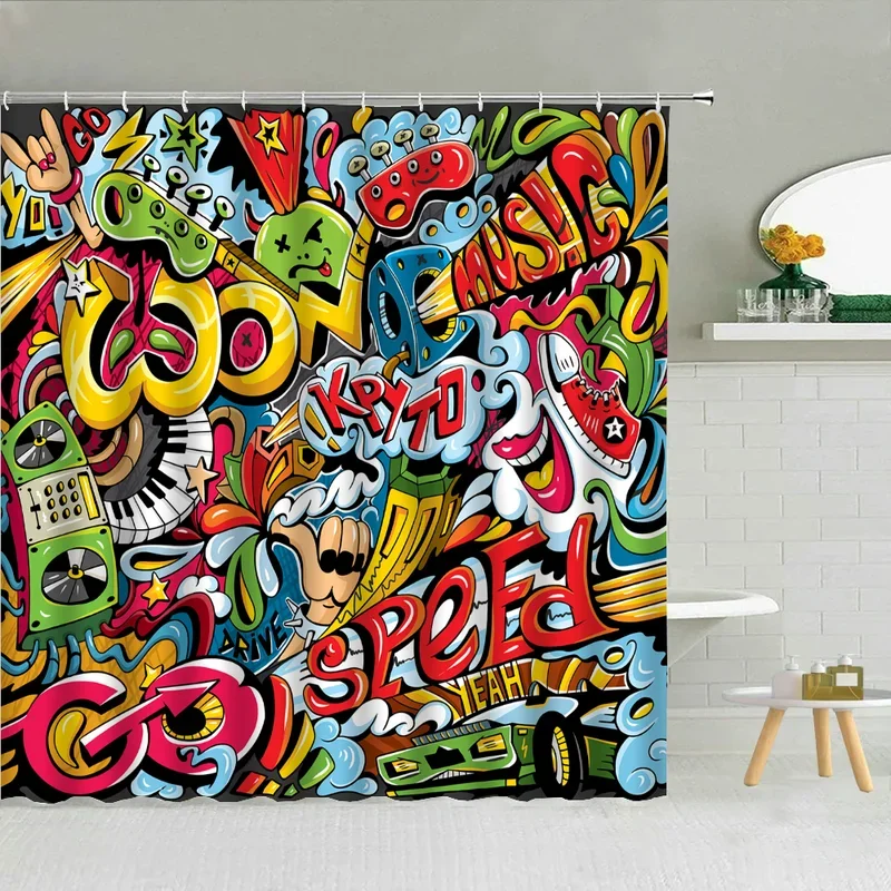 Hip-hop Graffiti Shower Curtain for Bathroom Accessories Folding Partition Curtains Bath Bedrooms Houses Rooms Quarto Waterproof