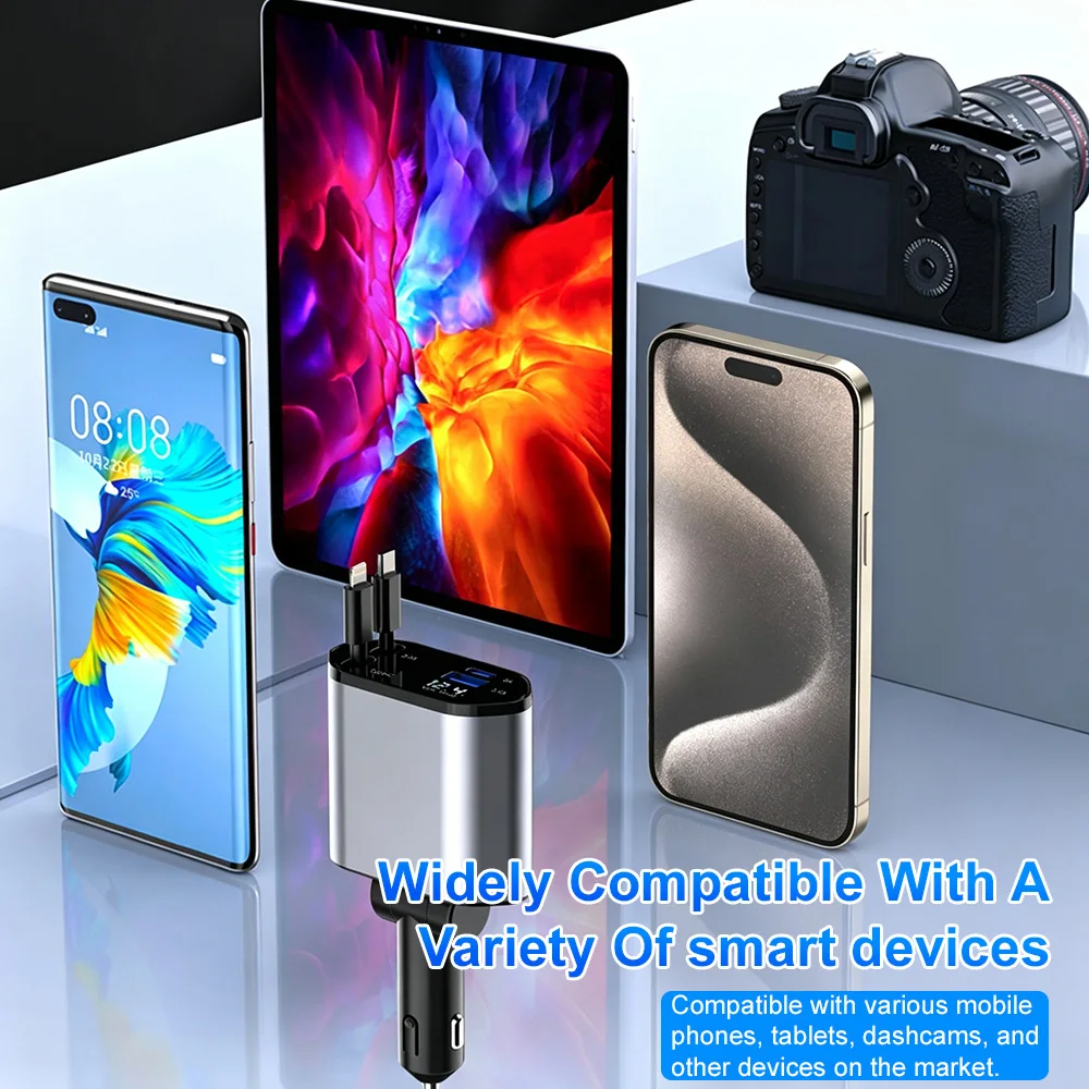 3 in 1 120W Car Charger Retractable Car Cigarette Lighter Adapter USB Type C to Type C Fast Charger Cable For iPhone Samsung