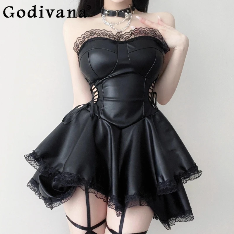 

Sexy Side Waist Hollow Lace-up Girl Dark Leather Strapless Dress Summer Elegant Lace Slash Neck High Waist Slim Korean Dresses