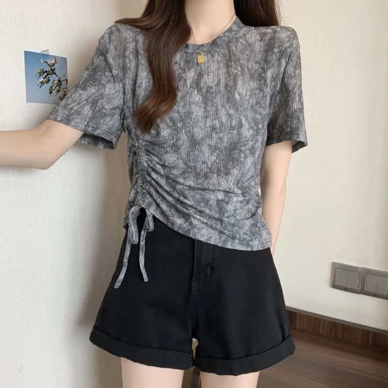 

Tie Dye Drawstring Pleated Vintage Tops Summer New Thin Short Sleeve Loose High Street Y2k T Shirts Fashion Trend Women Clothing