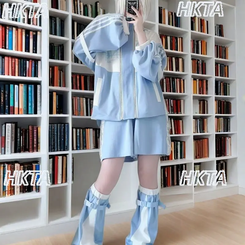 

Japanese Cute Print Subculture Sports College Sweet Zipper Loose Casual Hooded Sweatshirt Jacket Coats Tops Shorts Sets Women