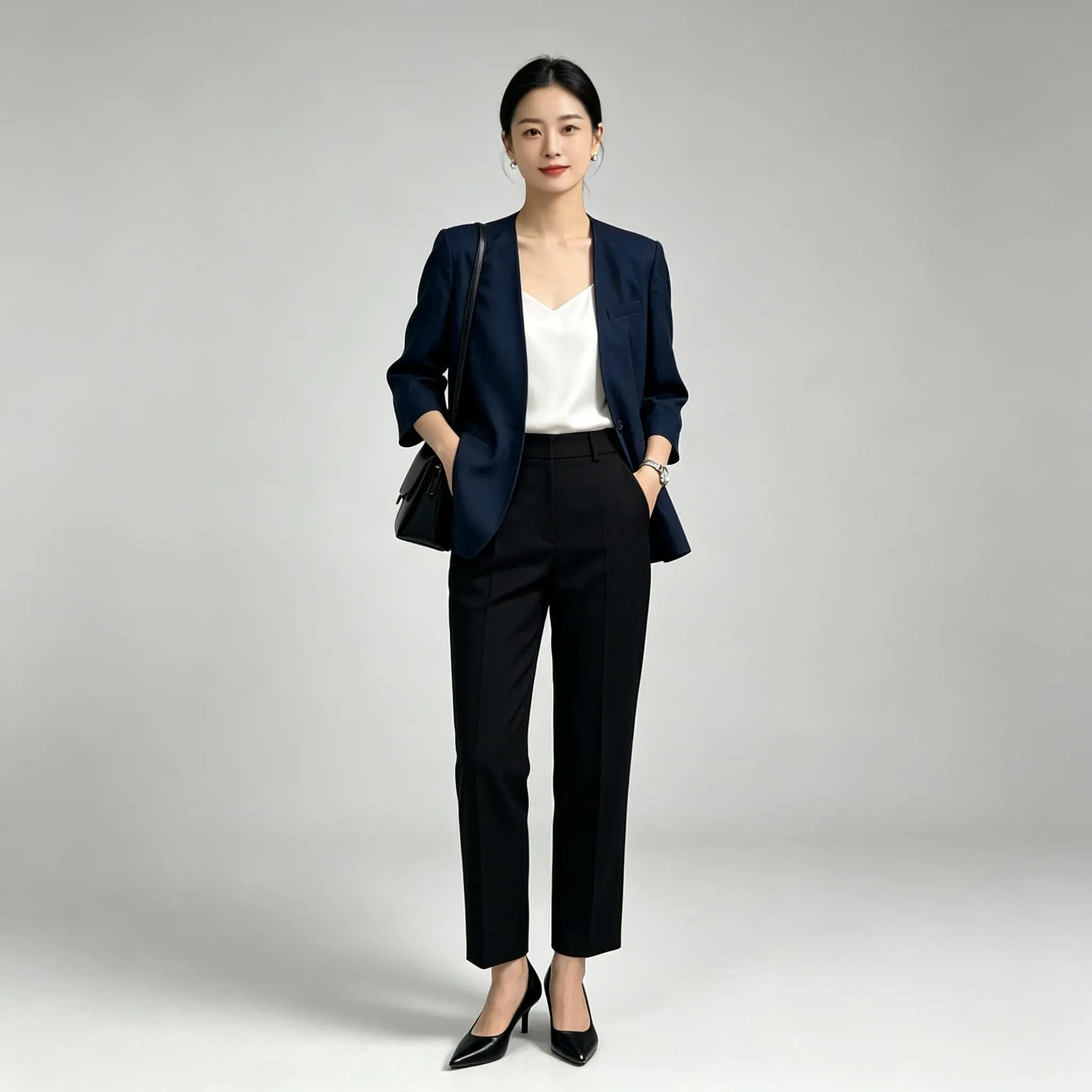 Women Navy Blue Linen V Neck Office Blazer Jacket