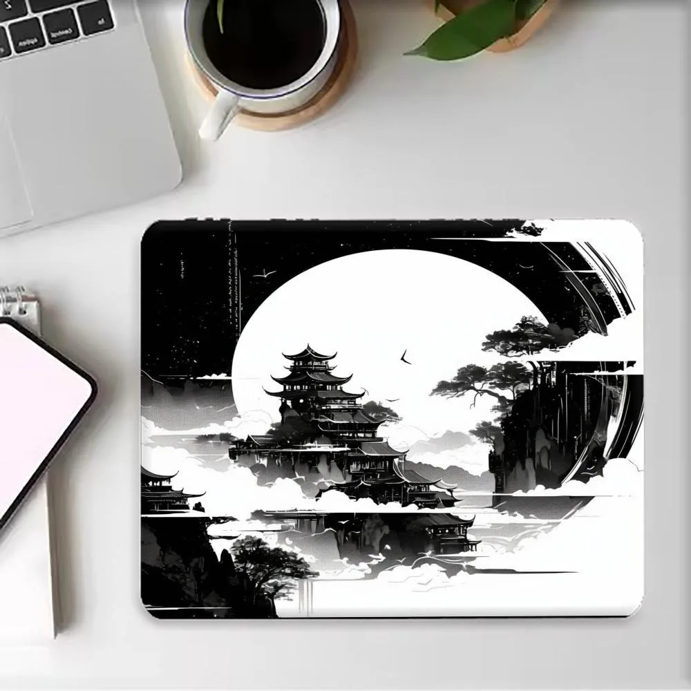 Small Rectangle Mouse Pad Black White Chinese Ancient Pagoda Cloud Moon Ink Art Non Slip Rubber Mini Desk Mat PC Gamer mousepad