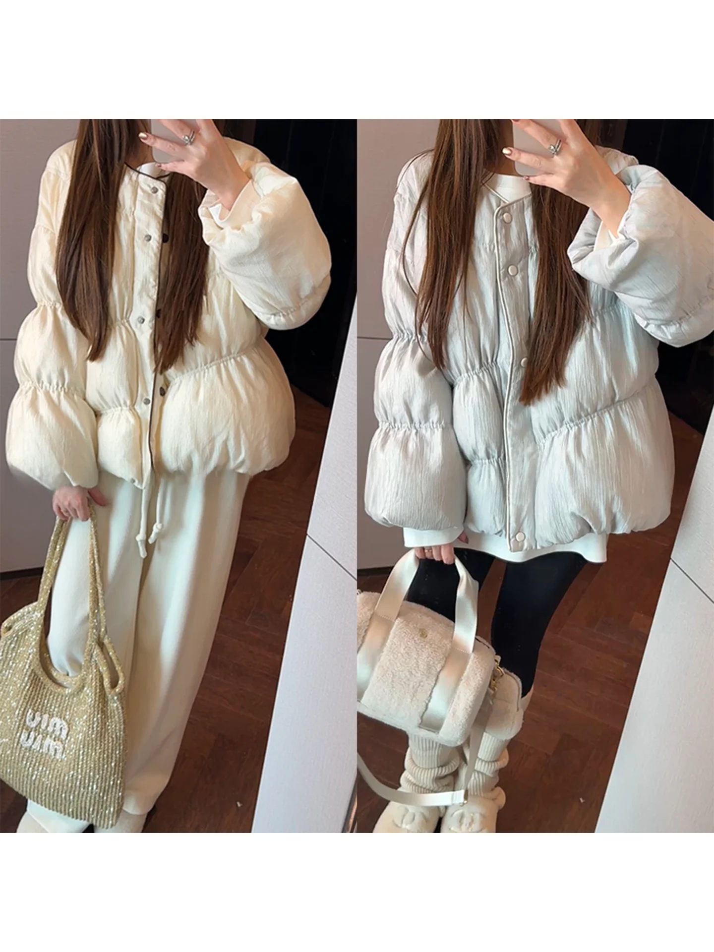 

Yulu Women's down Jaet Heavy Work Puff Pastry Cloud Pattern Gathered round Ne Lightweight Warm Winter High-End Feeling Ou...