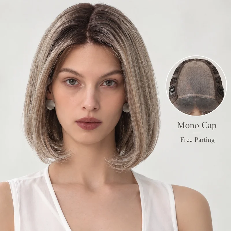 Women Mono Cap Bob Wig Ash Blonde Balayage Short Soft Synthetic Hair Natural Scalp Free Parting Heat Resistant Daily Wig
