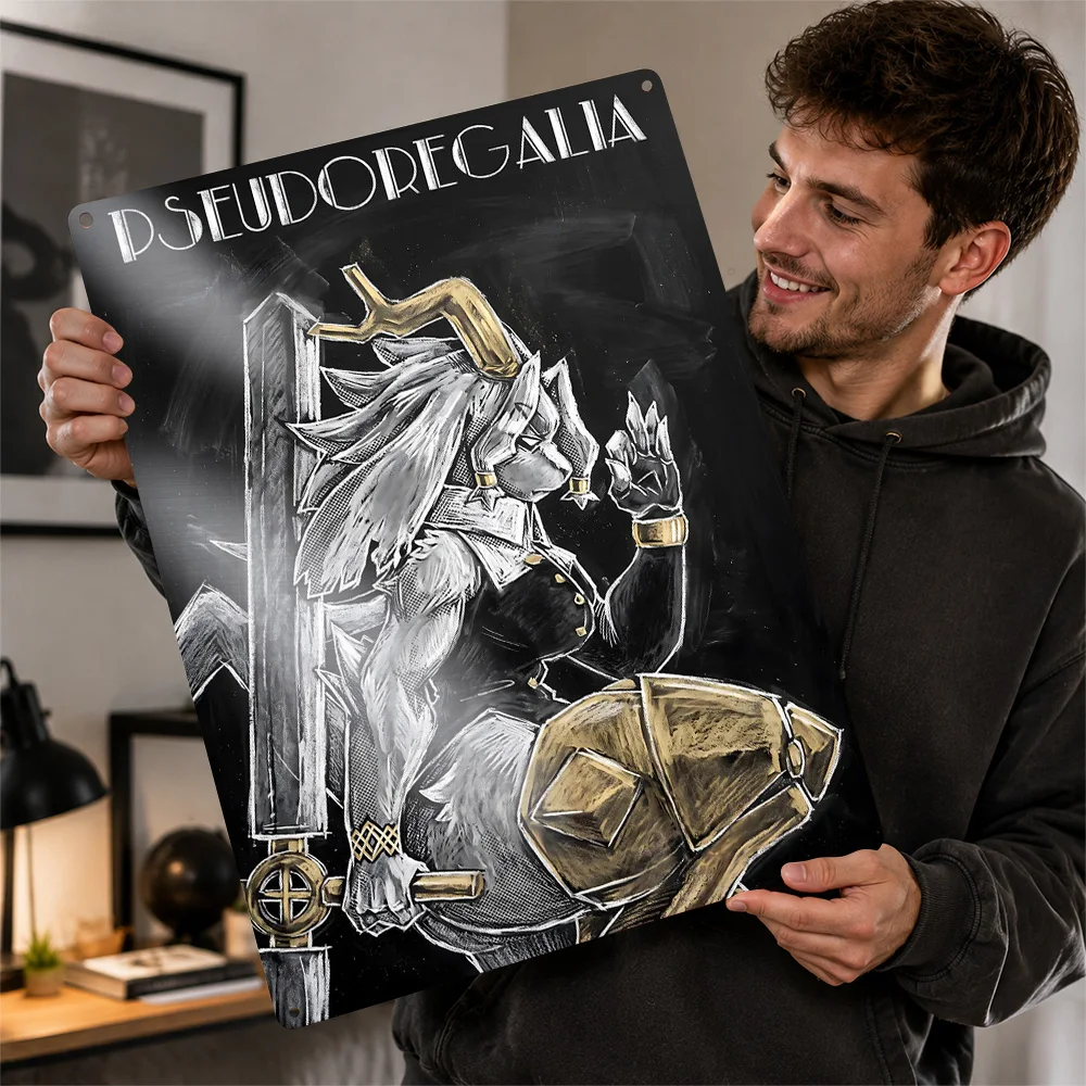Pseudoregalia Sybil Seated Warrior Textured Poster Customized Metal Tin Sign Dark Realm Style Wall Art For Collector Den Decor