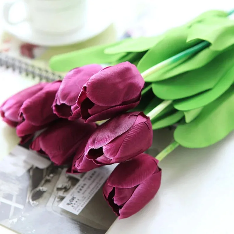 Wholesale1pcs Artificial Flowers Purple Lavender Tulip with Leaves Flower Bouquets Home Wedding Birthday Party Decoration DIY