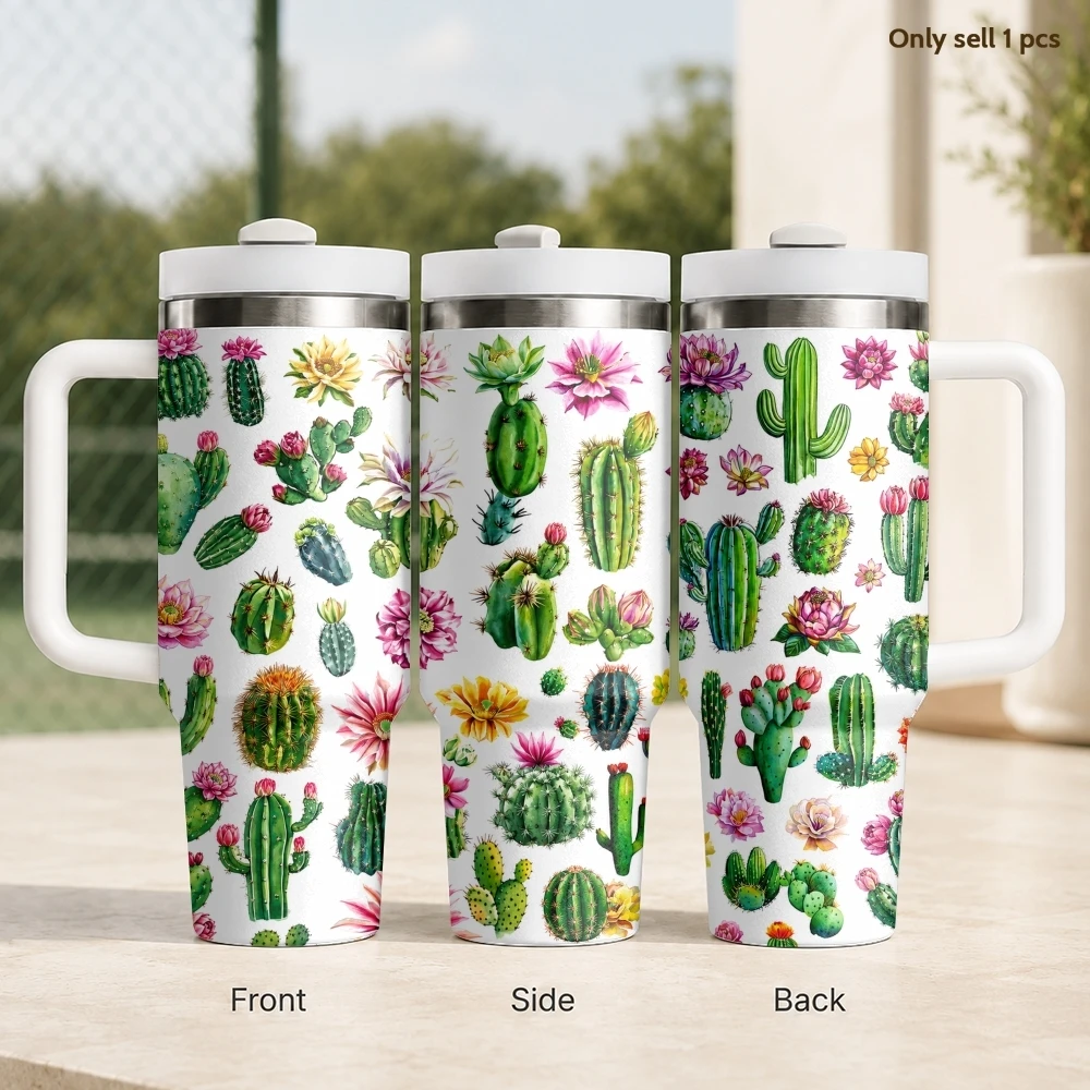 Watercolor Cactus Floral Clipart Vacuum Flasks 40oz Stainless Steel Insulated Tumbler With Handle & Straw Leakproof Travel Mug