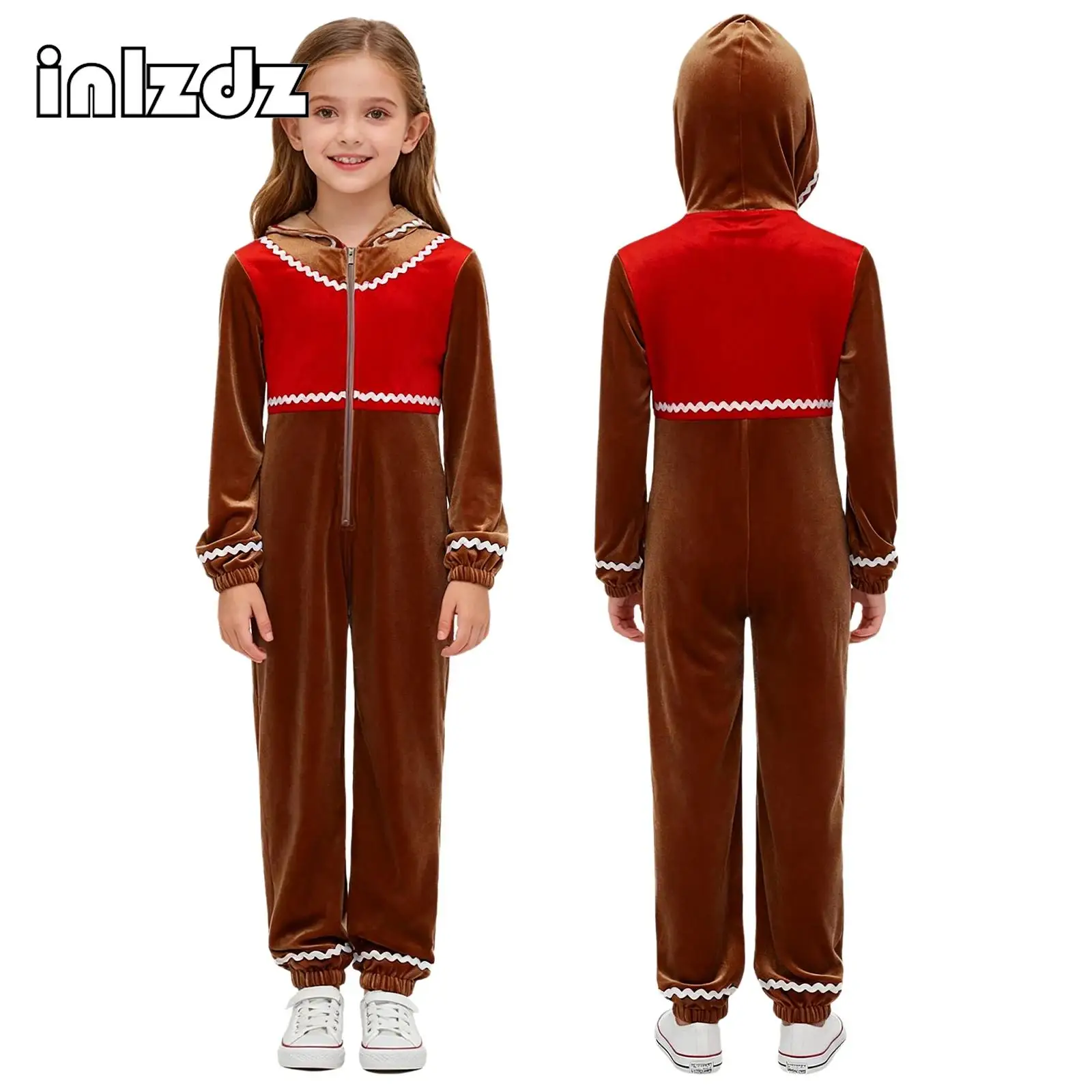 

Boys Girls Gingerbread Man Costume Festival Christmas Jumpsuit Wave Braided Tape Decor Long Sleeve Funny Cosplay Hooded Clothes