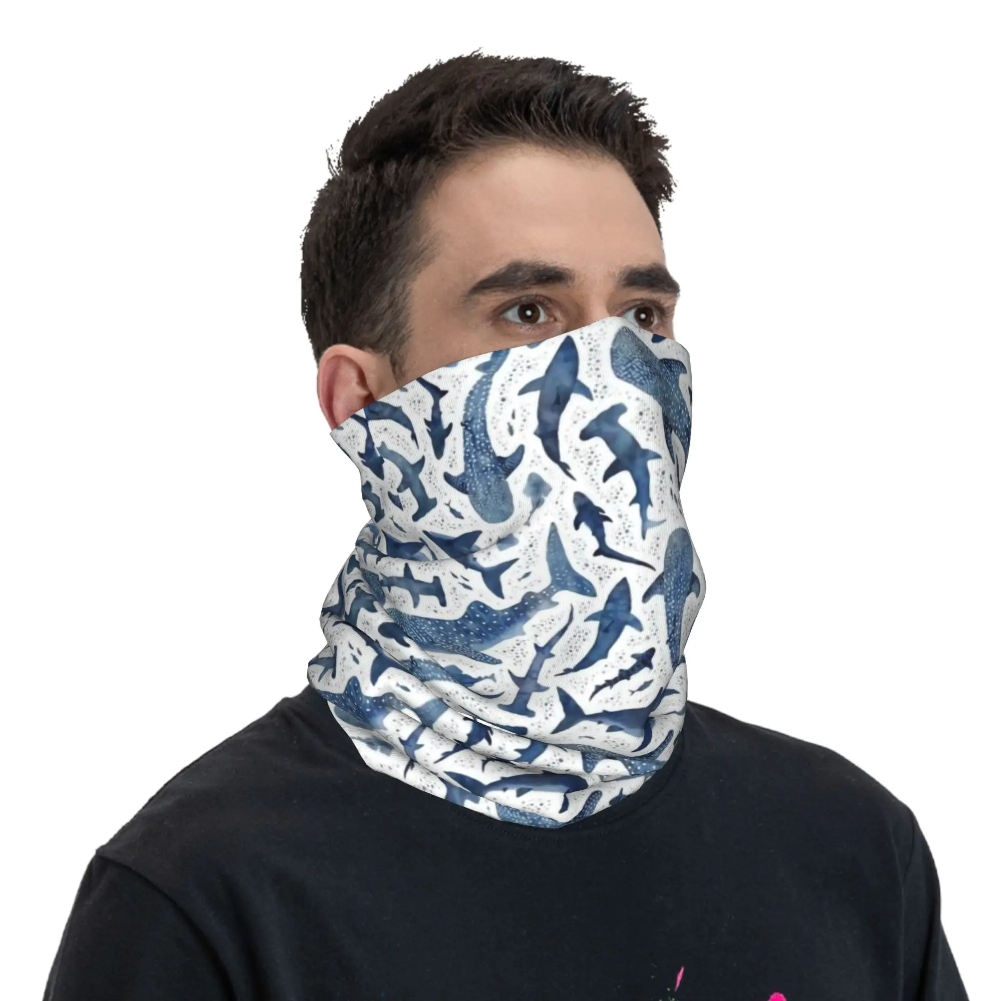 Custom Blue Watercolour Shark Bandana Neck Gaiter Windproof Face Scarf Cover Men Women Cartoon Fierce Headwear Tube Balaclava view 5