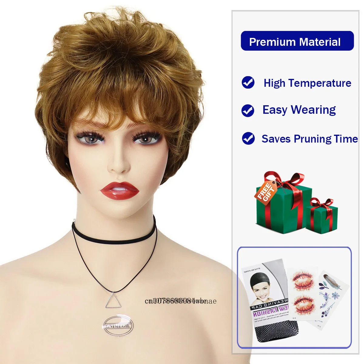 Short Golden Brown Wig Synthetic Hair Pixie Cut Curly Layered Wigs with Bangs Natural Heat Resistant Daily Cosplay Costume Party