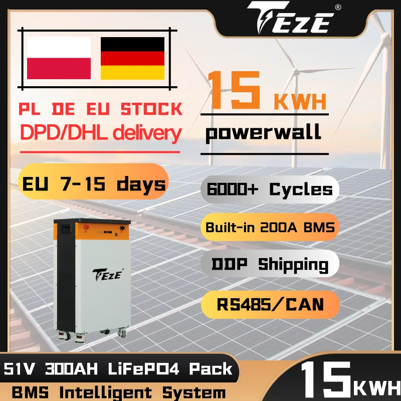 TEZE 51,2 В 300 Ач LiFePO4 Аккумулятор 15 кВтч Powerwall Встроенный 200 А Smart BMS 6000 циклов RS485/CAN Большая мощность Домашнее солнечное хранилище