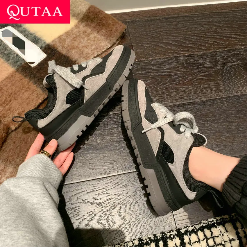 

QUTAA 2023 Mixed Colors Cow Suede Leather Four Season Platform New Women Sneakers Casual Med Heel Lace-Up Shoes Woman Size 35-40