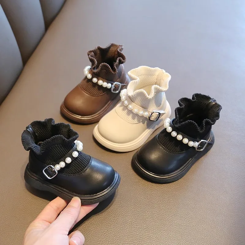 2026Girl's Short Boots Ankle-High Beading Autumn Woven Kids Sock Boot Wedges Flexiable Sweet Slip-on Toddler Children Boot 15-30