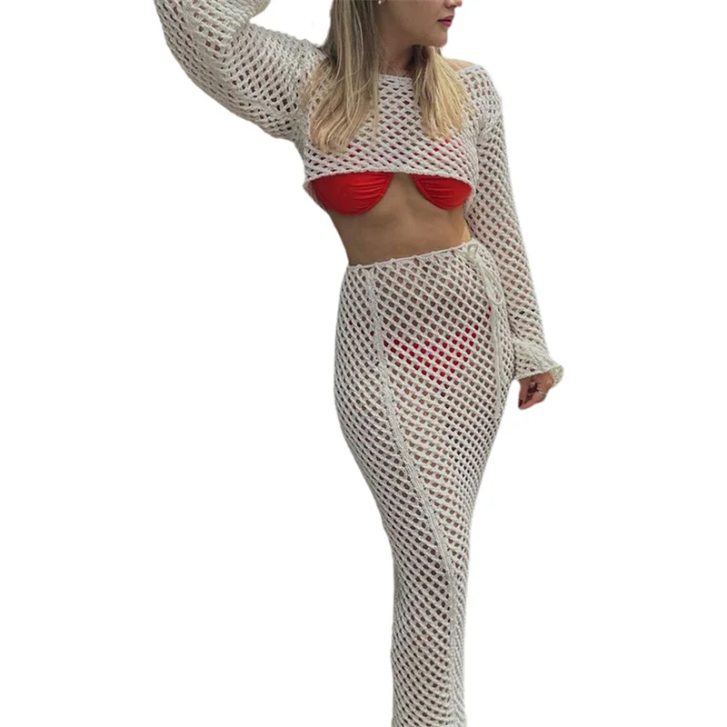 Robe tricotée pour la plage, 2 pièces, Sexy, manches longues, décolleté en V profond, dos nu, haut court ajouré et jupes, Cover-up pour bikini au Crochet