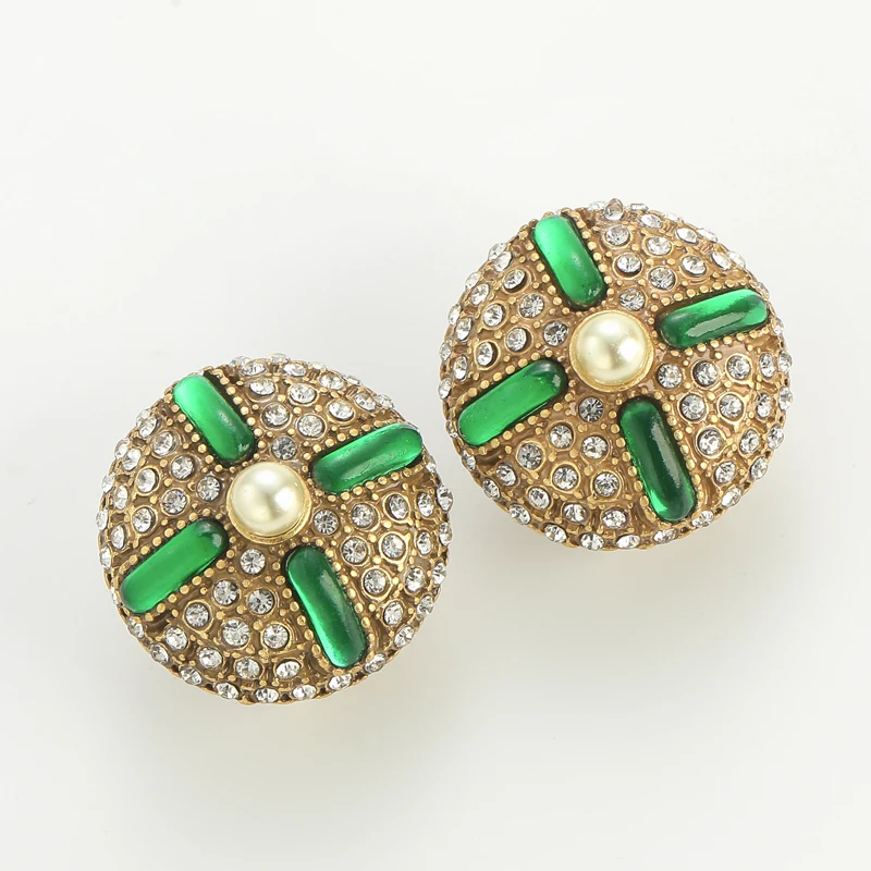 Vintage Glaze Green Earrings Stud For Woman Round Crystal Rhinestone Gold Color Luxury Quality Jewelry Elegant Designer 2025