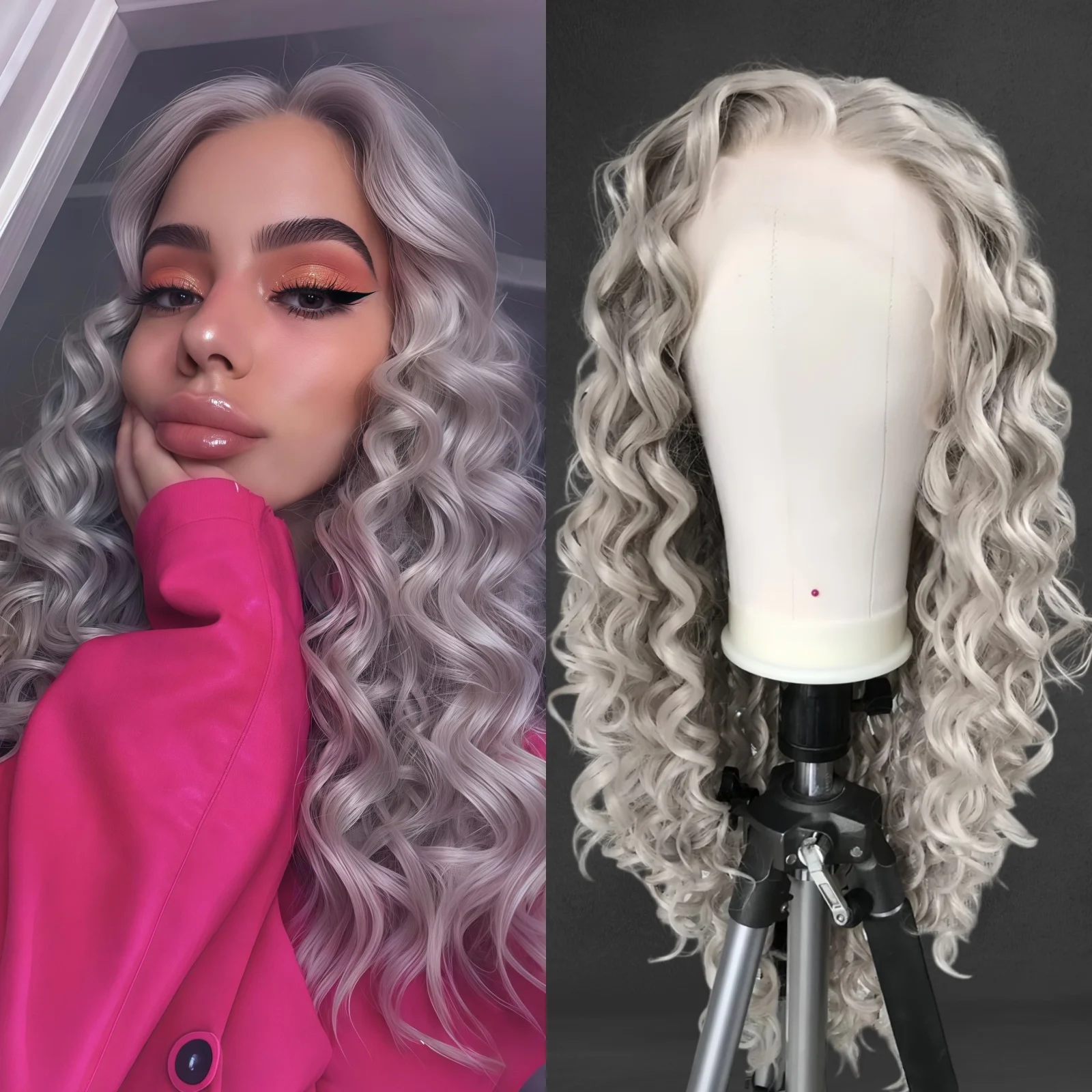 فضي شقراء طويلة مجعد الباروكات للنساء رمادي فضفاض مجعد الشعر الاصطناعية جزء مجاني غلويليس 13X4 الدانتيل الباروكة الأمامية للحزب اليومي #1