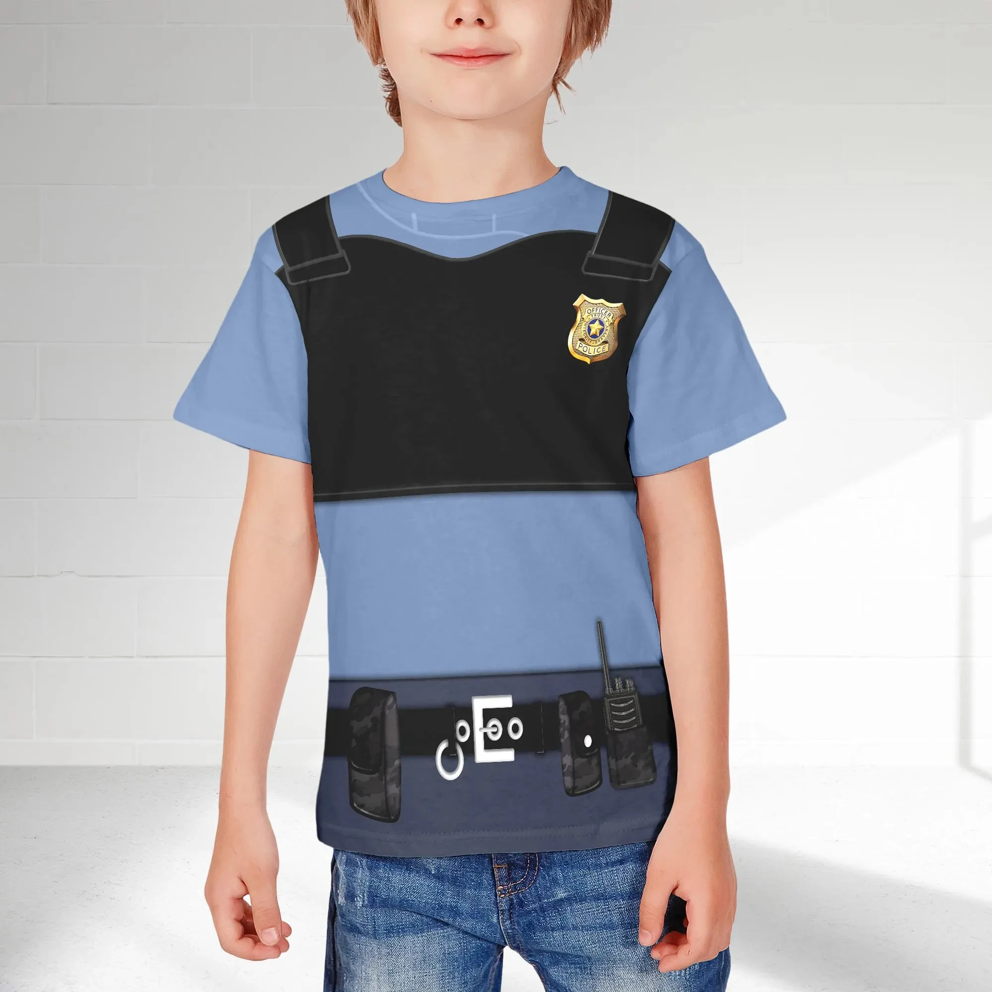 Girls Judy Police Summer Short Sleeve T-Shirt, Boys Zoo 2 Same Style, School Role Play Party Performance Costume