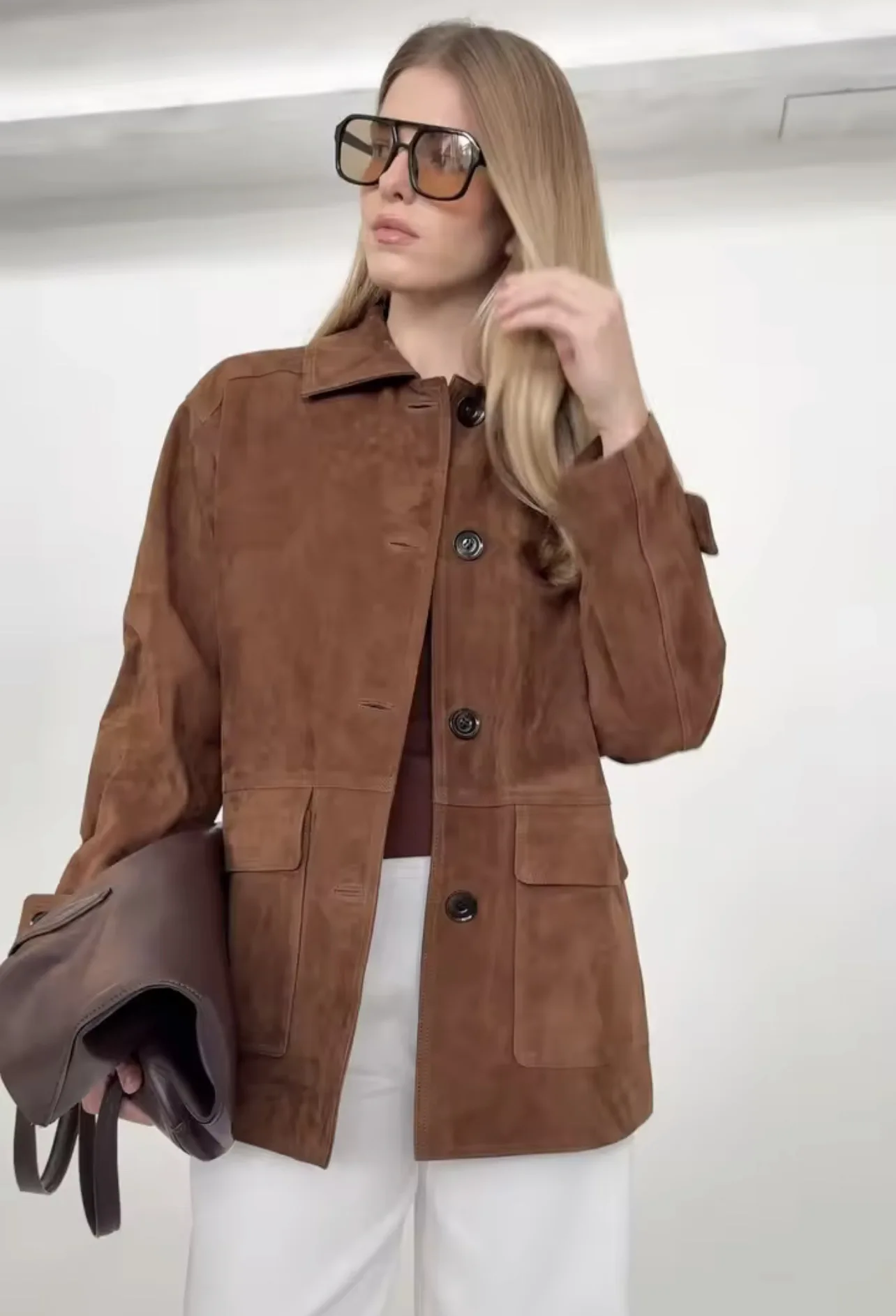 新しいファッション女性オールドマネーブラウンレザースエード長袖ジャケットコートヴィンテージデミシーズンジャケット秋冬アウター