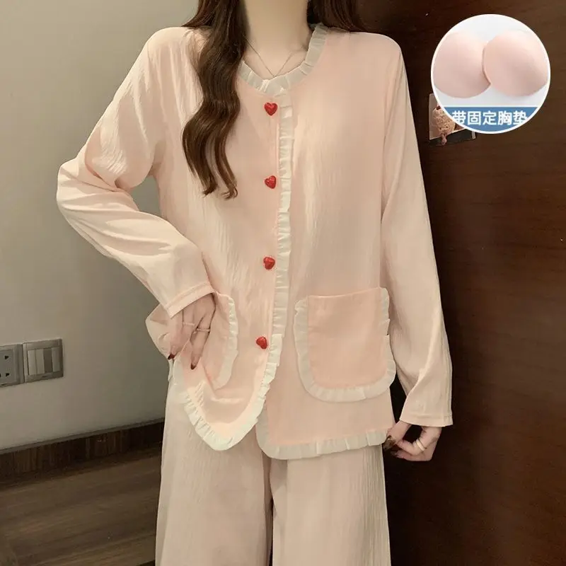 Pajamas Women's Long Sleeves Trousers Pijamas De Mujer with Chest Pads Princess Style Cardigan Popular 100% Cotton Loungewear