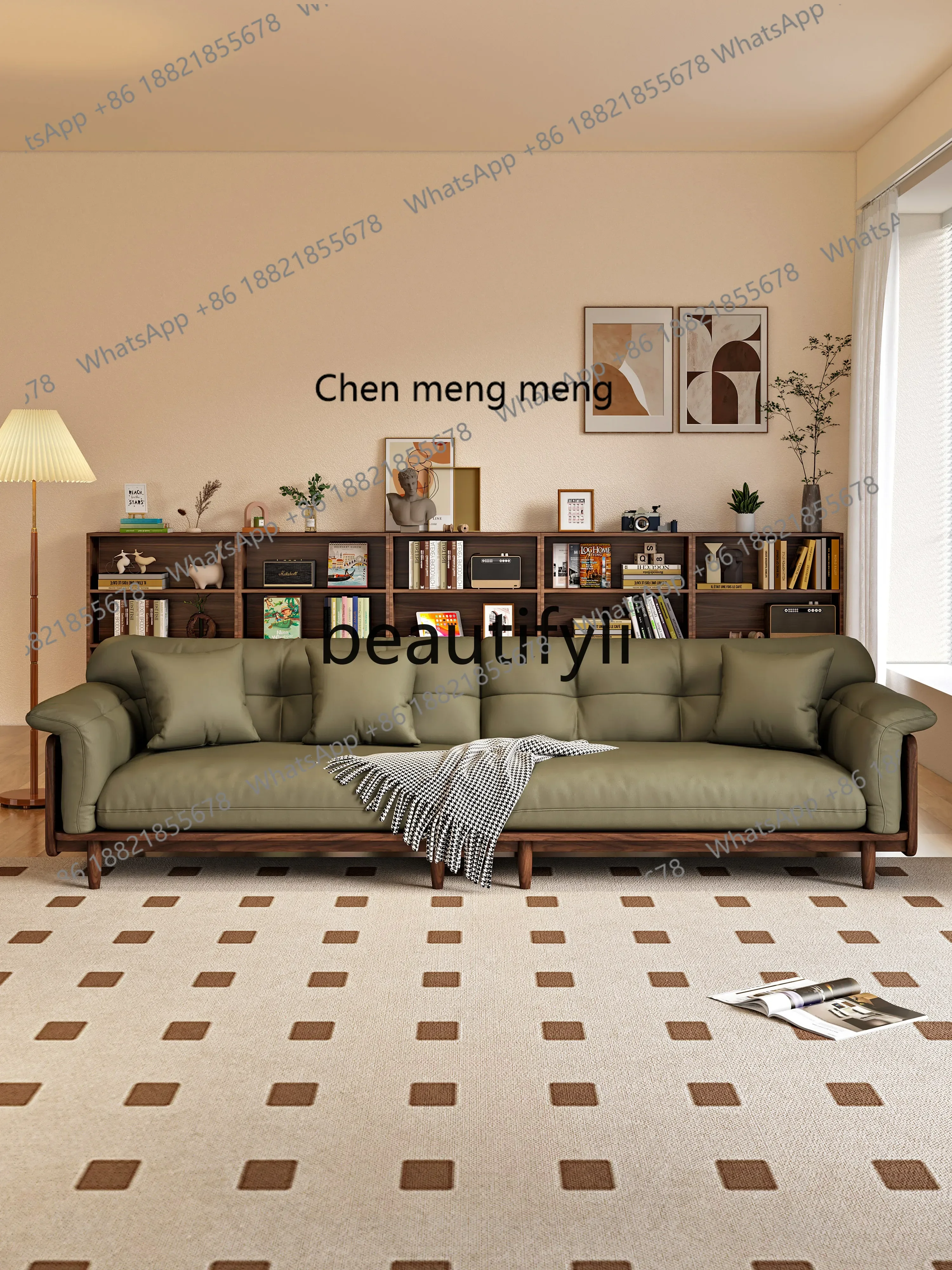 M178 Black walnut sofa Italian minimalist living room straight four-person solid wood leather sofa